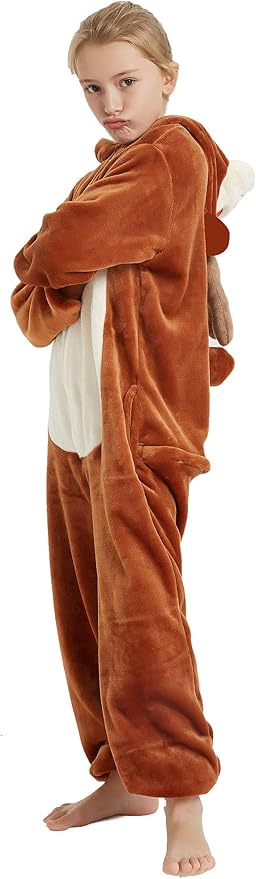 Kid Reindeer Onesie Pajamas Deer Halloween Costume Boy Girl Animal Onepiece (Brown, 8-9Years)