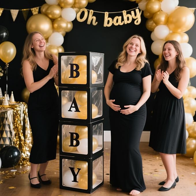Ledido Baby Boxes with Letters for Baby Shower Decorations, 4 pcs Clear Baby Balloon Boxes Blocks for Baby Shower Decor with Letters for Boy Girl Gender Reveal Decorations Backdrop Party (Black)