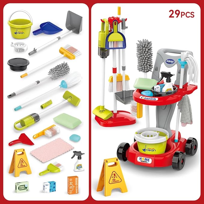 Toddler Cleaning Set，Kids Cleaning Toy Set，New 29-Piece Detachable Kids Cleaning Set for Toddlers - Pretend Play Educational Cleaning Carts (red)