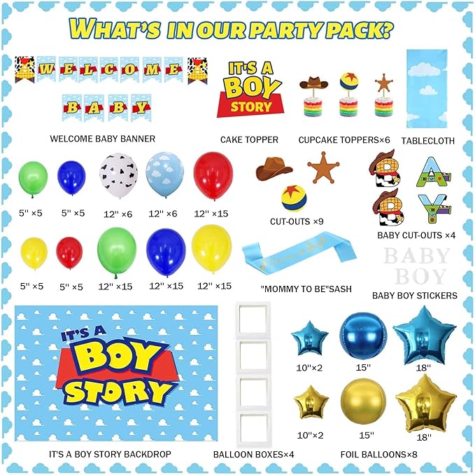 135 PCs Cartoon Toy Baby Shower Decorations, Homond Toy Themed It’s A Boy Story Decorations Backdrop Balloon Garland Arch Banner Box Cutout Tablecloth Cake Cupcake Topper Sash Blue