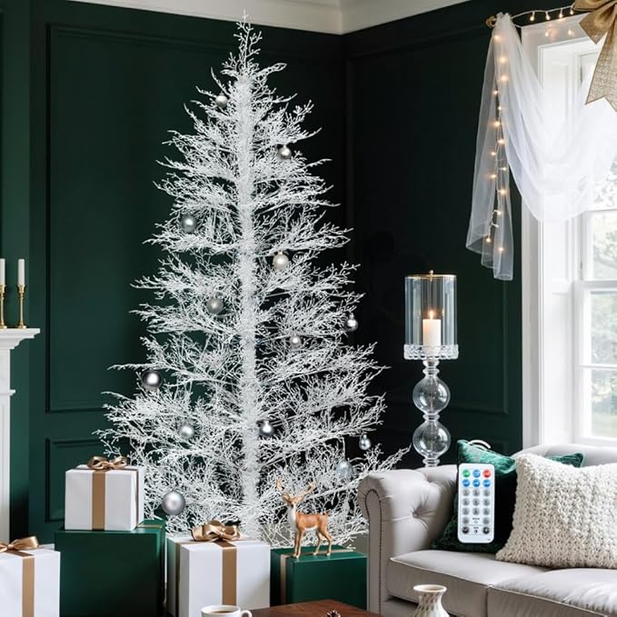 DWVO 7.5ft Pre-lit Artificial Christmas Tree, White Birch Prelit Christmas Trees for Home, Office, Party with 650 Thickened Branch Tips & 400 UL Listed Lights, Automatic Branches with Remote Control