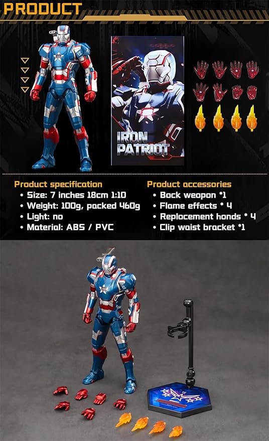 7 Inch Ironpatriot Action Figure (1/10 Scale) with Lots of Accessories,Exquisite Painting Collectible Toy