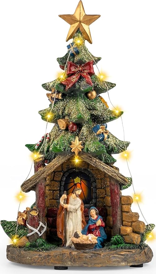 Musical Christmas Tree Nativity Scene with Figurines LED Light, Christmas Holy Family Nativity Scene for Xmas Decor Gift, Tabletop Decorative Christmas Ornaments