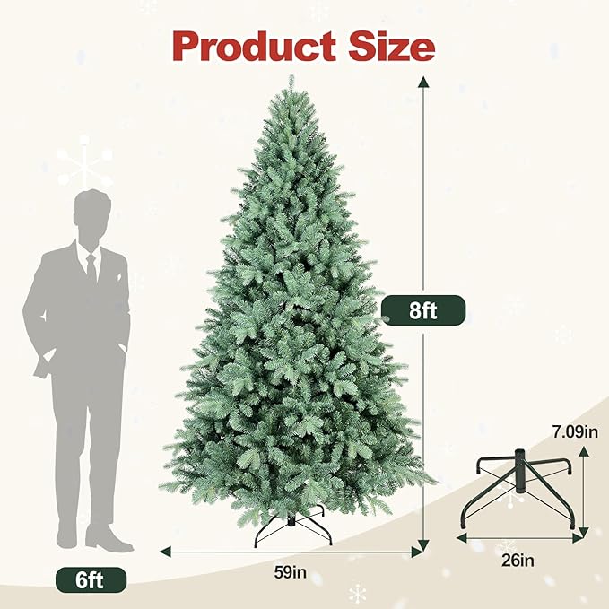 8 Ft Blue Spruce Artificial Christmas Tree, Hinged Unlit Xmas Trees with 2458 PE&PVC Mixed Branch Tips, Home Holiday School Decor with Foldable Base Easy Setup