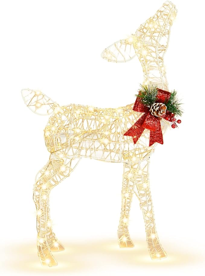 Tangkula Lighted Christmas Reindeer, Outdoor Yard Xmas Decorations with 50 LED Lights, Artificial Christmas Décor with Stakes and Zip Ties, Indoor/Outdoor Festive Holiday Decoration