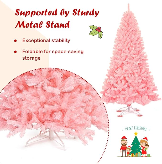 GOFLAME 6 ft Pink Artificial Christmas Tree, Hinged Spruce Full Tree w/Foldable Metal Stand, Cherry Blossom Color, 1036 Tips Christmas Tree for Home Office Party Decoration, Easy Assembly