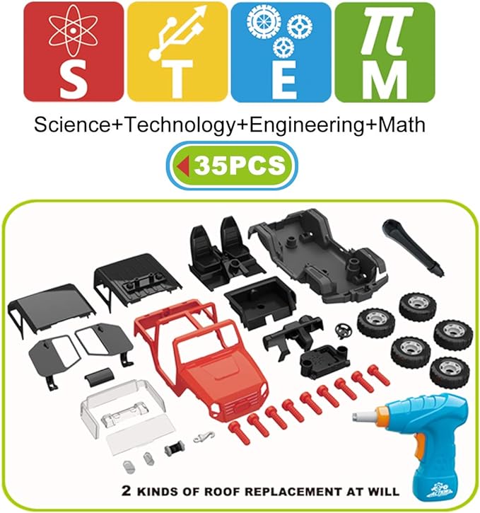 FYD 2in1 Take Apart Jeep Car STEM Learning Assembly Playset with Functional Battery-Powered Drill - Early Childhood Developmental Skills Construction Toy for Boys Kids Aged 3 and up