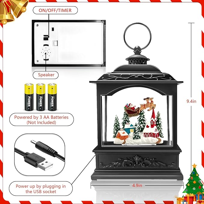 Musical Christmas Snow Globe Lantern with Flying Santa, Swirling Glitter Lighted Water Lantern, 6H Timer, USB or Battery Powered Holiday Decoration