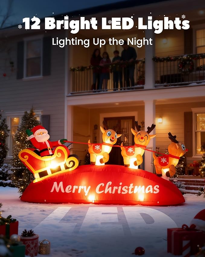 10 FT Christmas Inflatable Santa Sleigh with 3 Reindeer Outdoor Decoration, Blow Up Yard Decor with Bright LED Lights, Santa Claus Xmas Decor for Garden Lawn Backyard