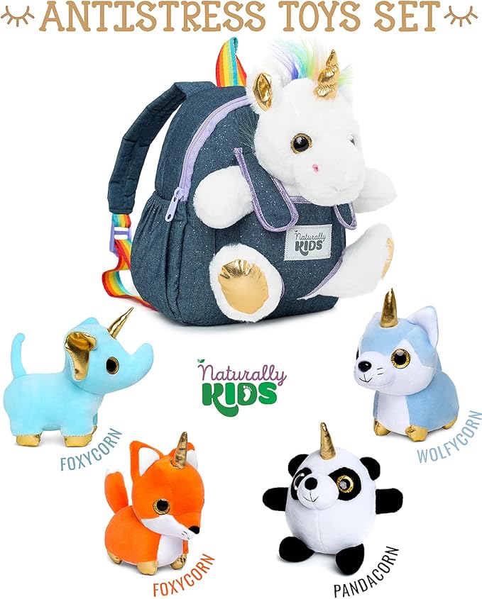 Naturally KIDS Toddler Unicorn Backpack w Plush Unicorn Toys, Gifts for 2-5 Year Old Girls, Toddler Backpack