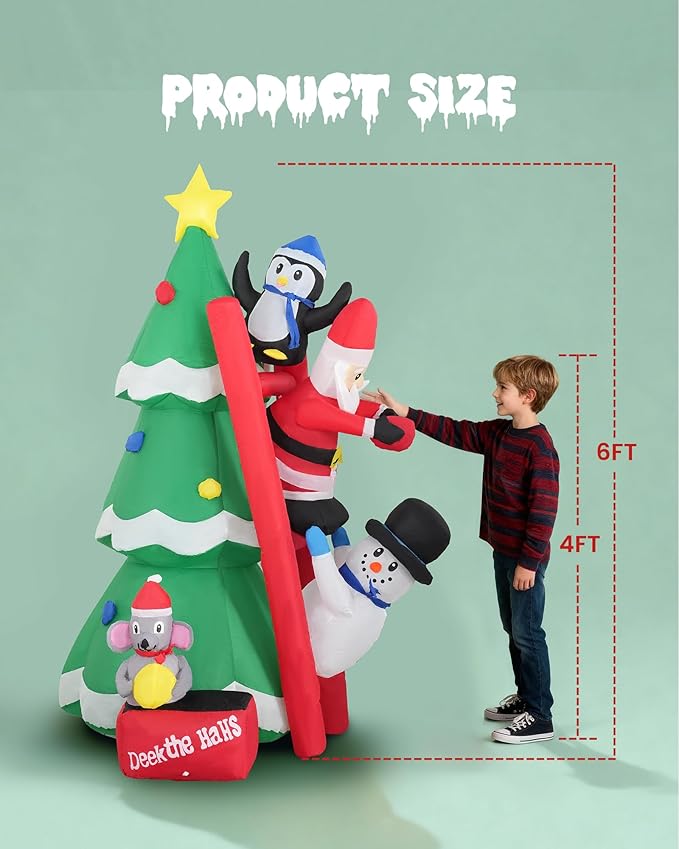 6FT Inflatable Christmas Tree with LED Lights, Blow Up Christmas with Penguin Snowman Santa and Mouse Outdoor Yard and Indoor Holiday Decor for Patio Garden Lawn