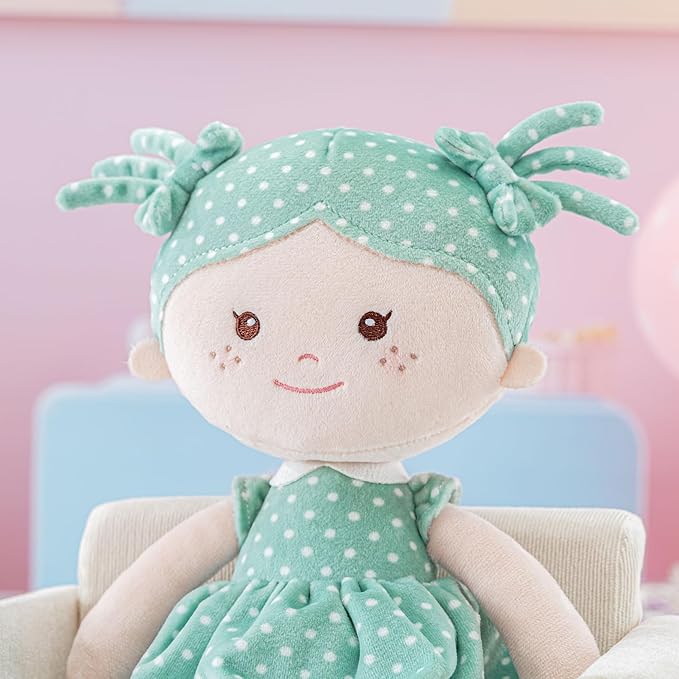 Onetoo Plush Rag Doll My First Baby Doll Soft Baby Doll for Girls Sleeping Cuddle Buddy Doll Wear Green Dress White Polka Dot 14"（Milly Series）