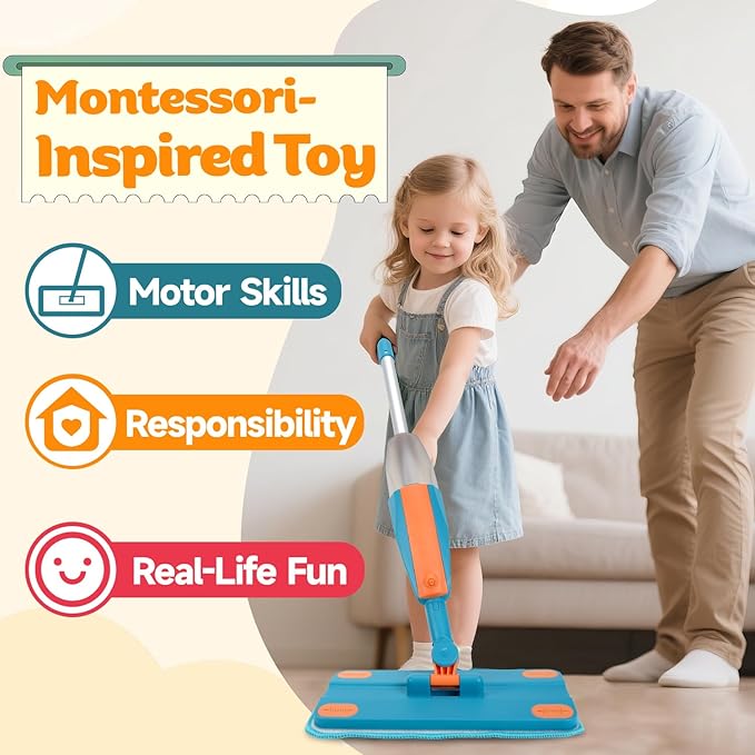 Kids Spray Mop - Real Working Toddler Cleaning Toy Set with Water Sprayer & 2 Washable Pads - Montessori Mini Mop & Sweeper - Interactive Learning Toys for Kids Ages 3+