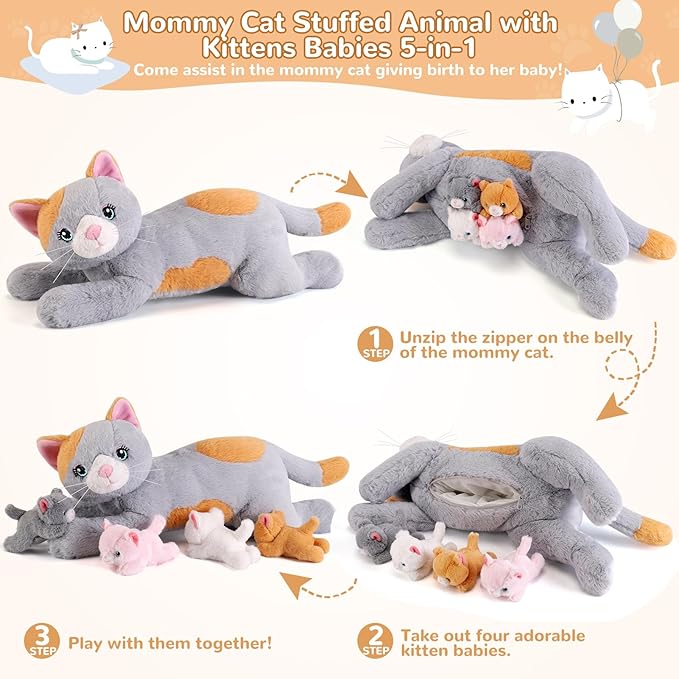 5 Pieces Cat Stuffed Animals with Babies Inside Belly - 1 Mommy Stuffed Cat with 4 Kittens - Stuffed Kitty Plush Toys for Kid Age 3-8, Gift Ideal for Christmas, Valentine's, Birthday (Grey)