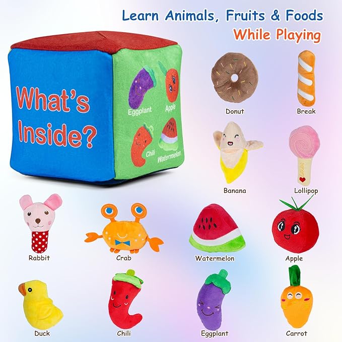 Baby Mystery Soft Box Toys, Plush Felt Box with 12 Toys, Sound Learning Set, What's Inside Montessori Cognitive Play for Toddlers 6 Months+, Birthday Gifts for Boys Girls