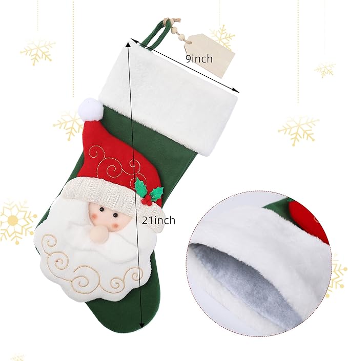Christmas Stocking,21 inch Christmas Stockings with Wood Name Tag,3D Santa Christmas Stocking,for Family Holidays and Christmas Tree Fireplace Decoration(Green)