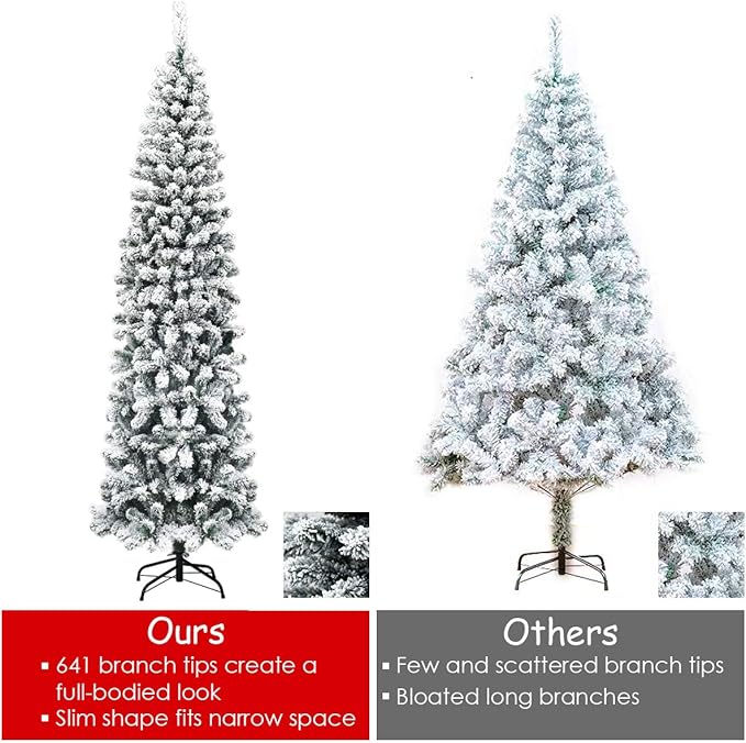 Happygrill 7.5FT Snow Flocked Pencil Christmas Tree Artificial Xmas Tree for Indoor Outdoor, Slim Christmas Tree for Festival Decoration