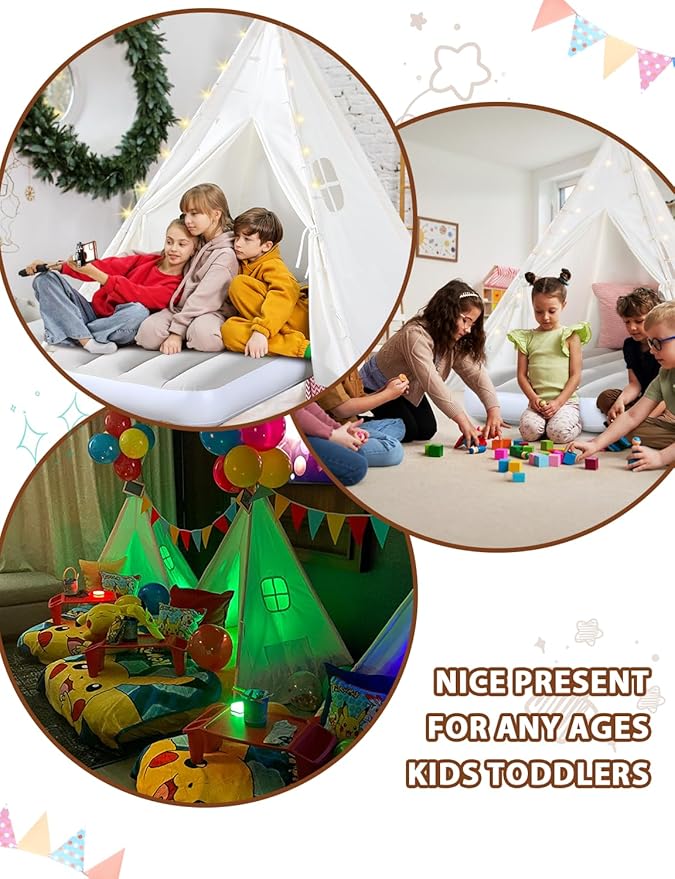 2 Pack Teepee Tent for Kids with Inflatable Airbed, Light, Indoor Toddler Sleepover Tents Children Room Tents for Slumber Party, Outdoor Kids Play Tent Play House for Girls & Boys