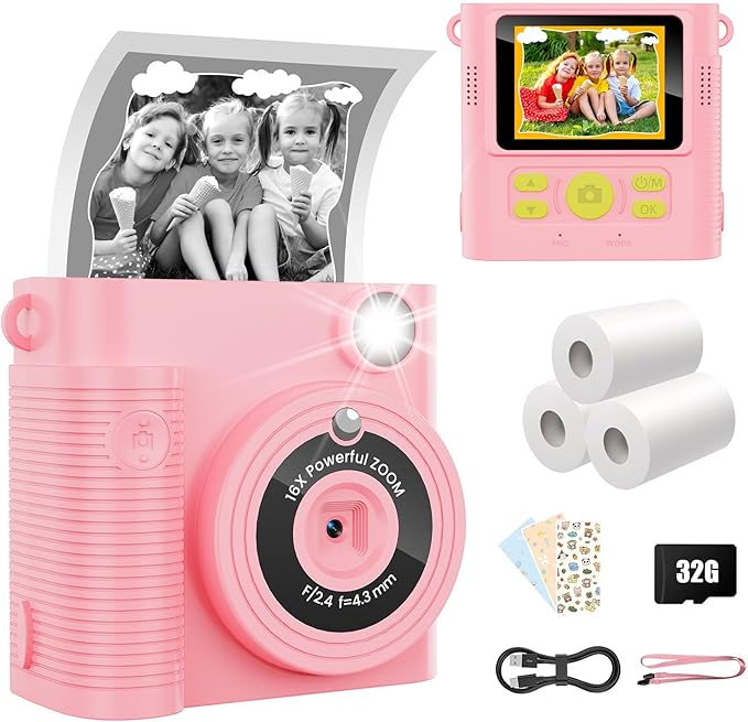 WONNIE Kids Camera Instant Print,1080P Selfie Digital Camera with 2.4" Screen & 32GB Card,Toddler Portable Toy for Ages 3-12,Christma-s Birthday Gifts for 3 4 5 6 7 8 9 Year Old Girls Pink