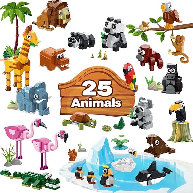 HOGOKIDS 25 Animals Zoo Building Set with Play Mat - 8 Pack Zoo Scene modules Building Blocks Toy for Party Favors Goodie Bag Classroom Prizes Fillers Birthday Gifts for Kids Boys Girls 6+ (1460PCS)