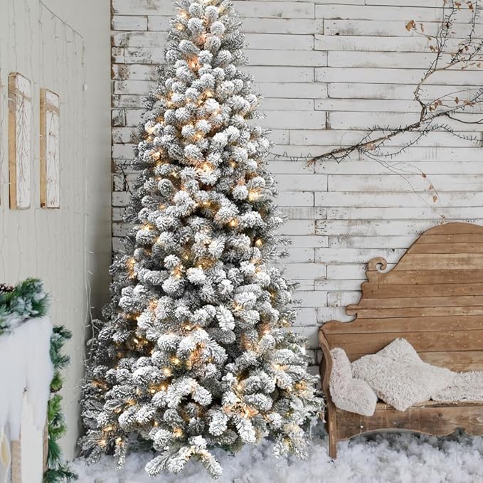 Fraser Hill Farm Alaskan Flocked Christmas Tree, 9 Feet Tall, Faux Tree with White Incandescent Smart Lights, Lights with Easy to Connect and Set up Features, Modern Holiday Décor