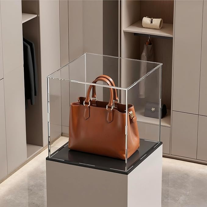 Acrylic Box with Matt Black Base, Simple Self-Assembly Clear Acrylic Display Case, 13x13x13 inch Showcase with Lid for Collections, Figures and Dolls