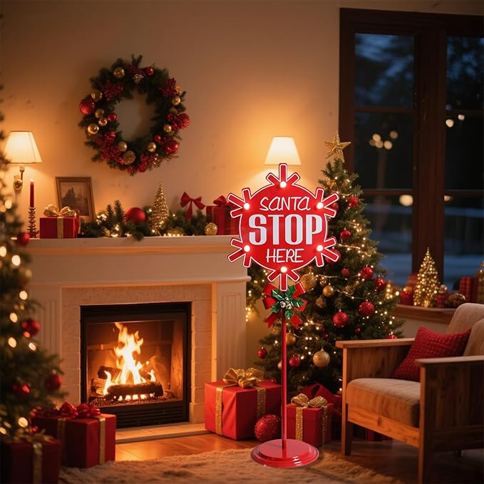 Christmas Santa Stop Here Sign with LED Light Battery Operated with Timer Christmas Stop Sign with Base Xmas Holiday Decorations Patio Lawn Yard Outdoor Display Decor