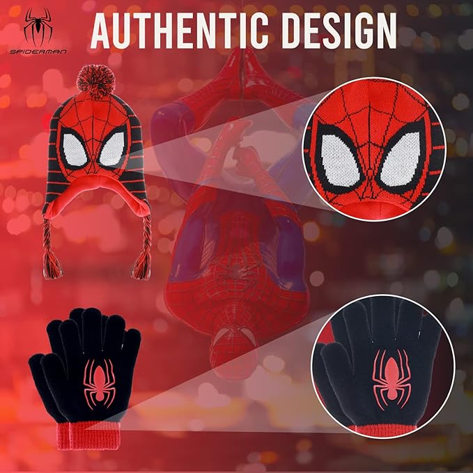 Marvel Spider-Man Kid’s Winter Hat and Snow Gloves for Boys and Toddlers, 2 Pc. Set, Pom-Pom Beanie with Warm Mittens