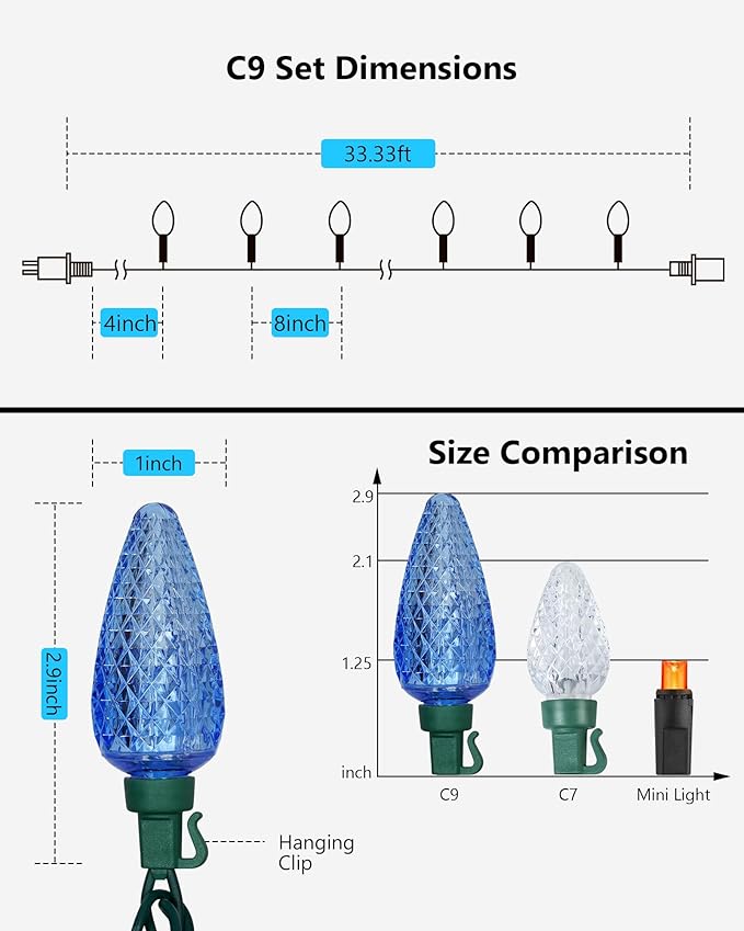 C9 LED Christmas String Lights, 33.33ft 50 LED Outdoor Indoor Decorative Light Strand, Xmas Holiday Lights for House, Christmas Tree, Patio, Party Decoration, Turquoise & Ice Blue, UL Listed