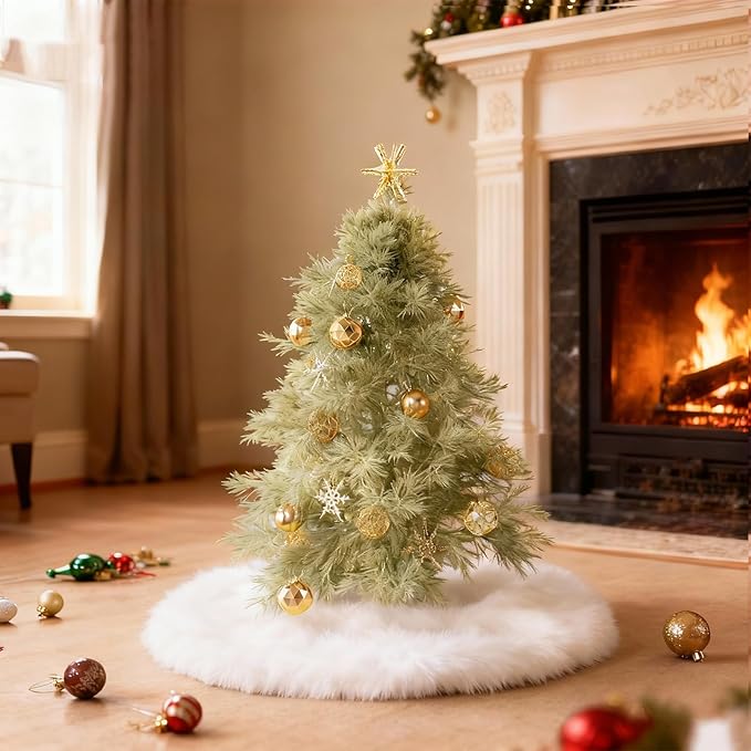 iMucci 12inch Mini Wool Fur White Tree Skirt Small Christmas Tree Skirt Snowy White Plush Velvet Tabletop Christmas Tree Skirt Holiday Party Decoration