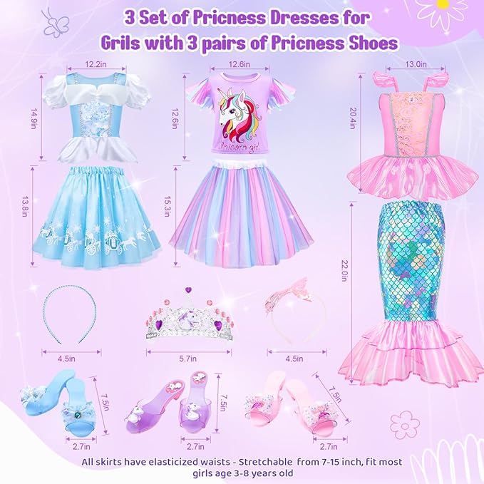 Meland Princess Dress Up for Girls 3-6, Dress Up Clothes for Girls with Princess Shoes Toy, Birthday Gift for Toddlers Girls