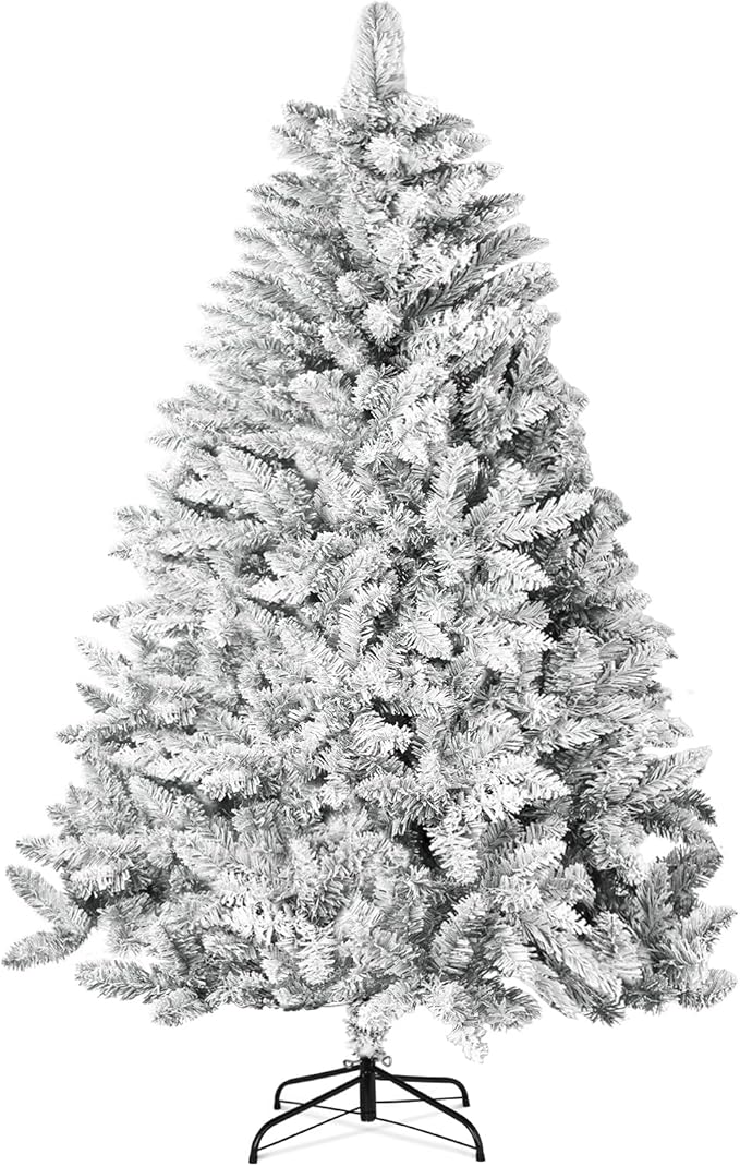 SUNCROWN 6ft Artificial Flocked Christmas Tree Premium Frosted Snow Christmas Tree Hinged Xmas Tree Holiday Decor for Indoor Outdoor, Foldable Metal Stand, 1000 Branch Tips, White