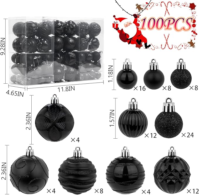 100Pcs Christmas Ball Ornaments Set, Shatterproof Plastic Black Christmas Ornaments for Xmas Tree, Assorted Baubles Hanging Decorations for Holiday/Party/Wedding (Black)