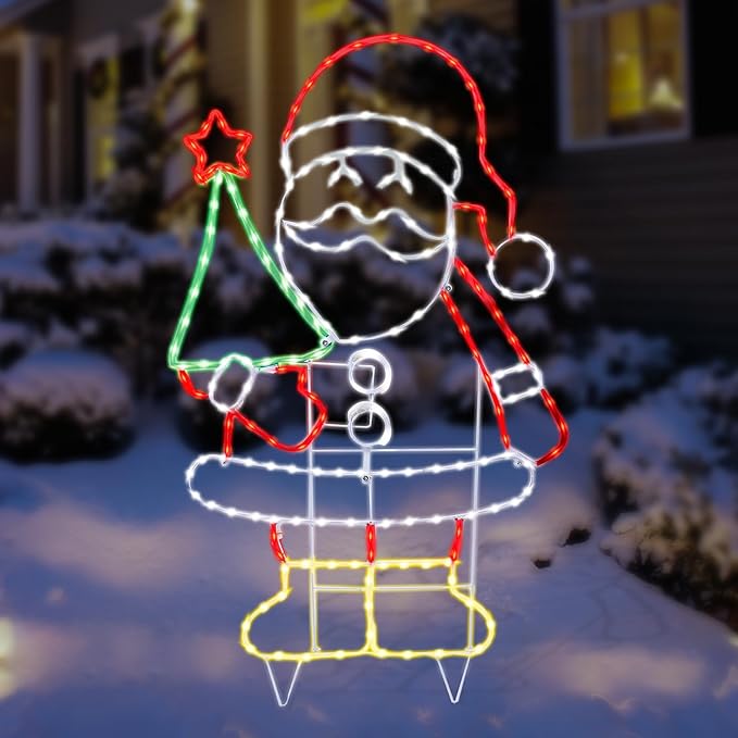 Outdoor Christmas Santa Decoration Christmas Lighted Santa Clause with Tree Neon Rope 204 LED Lights Decoration for Xmas Home Pathway Lawn Party Display