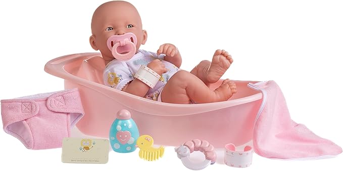 8 piece Layette Deluxe Bathtub Gift Set | JC Toys - La Newborn | 14" Life-Like Smiling Vinyl Newborn Doll w/ Accessories | Pink | Waterproof |Ages 2+