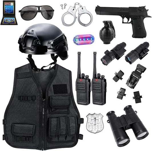 Police Costume for Kids, Tactical Helmet with Walkie Talkies,Swat Vest for Boys, Police Officer Uniform Role Play Toddler Dress Up Clothes with Toy Gun, Halloween Costumes for Kids 4 5 7 6 12 Year Old