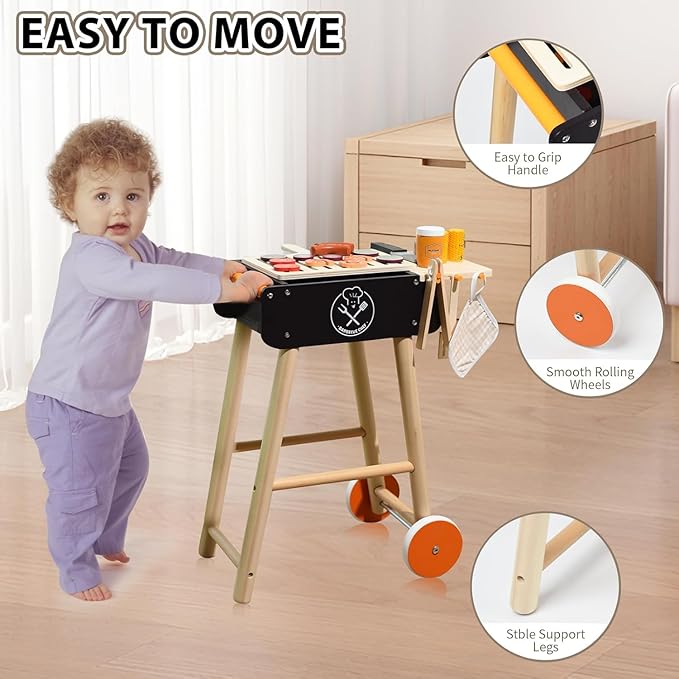 MerryPony Wooden Play Barbecue Toy Grill, Kids BBQ Grill Playset with Play Food and Grilling Tools, Kids Cooking Sets, Outdoor Play Kitchen Set, Pretend Play Kitchen Accessories Toddlers Age 3+