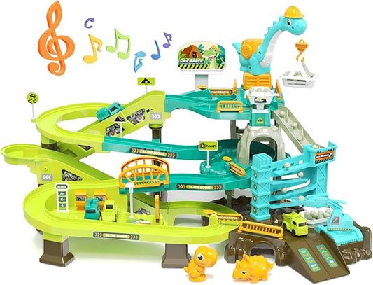 66PCS Dinosaur Engineering Adventure Track Set for Kids 3+,Electric Climbing Ladder Rotating Crane, Interactive Construction Playset with Music, 4 Mini Cars & 2 Dinosaur Figures, Ideal Gift