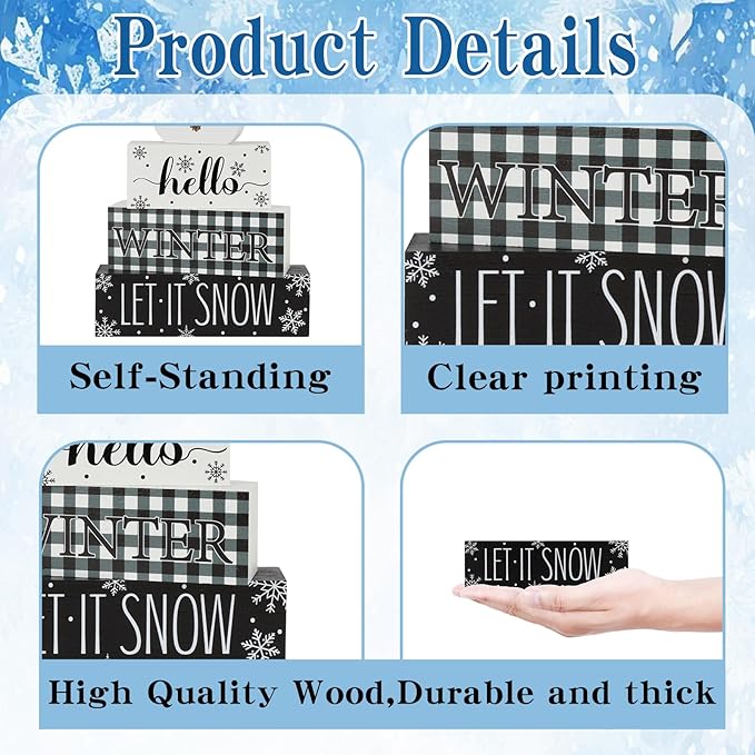 4 Pcs Christmas Table Decor Snowman Wooden Table Decorations Winter Tiered Tray Decor Christmas Centerpiece Rustic Let It Snow Block Signs Gift for Winter Wonderland Party Home kitchen Shelf