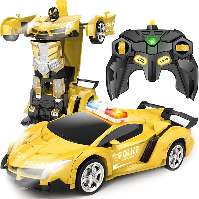 Transform Remote Control Car - Rc Cars, One-Button Transforming, 360° Rotation Drifting, 2.4ghz 1:18 Scale, Gift Kids Aged 4-6 Year Old Boys/Girls, Police Car Yellow