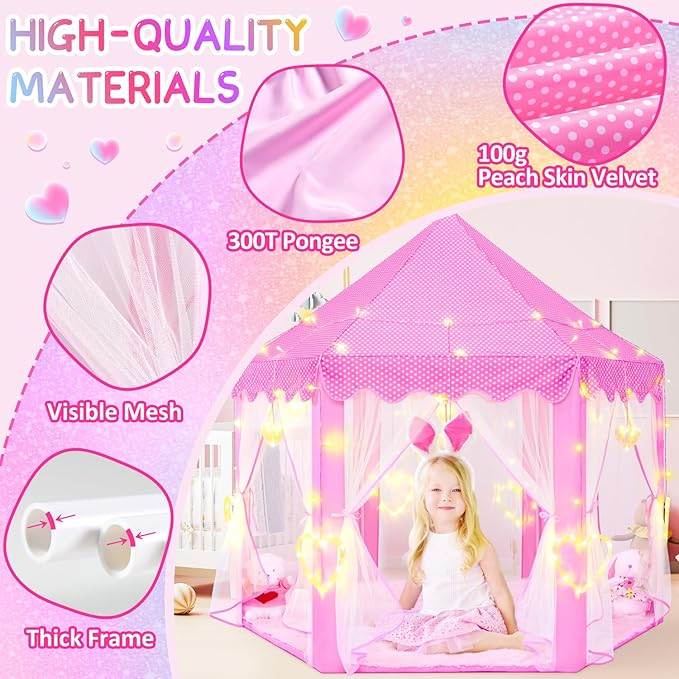 EVOIONOS Princess Tent for Girls with Large Love Lights, Pink Play Tent for Toddlers, Castle Playhouse 55 x 53 inch
