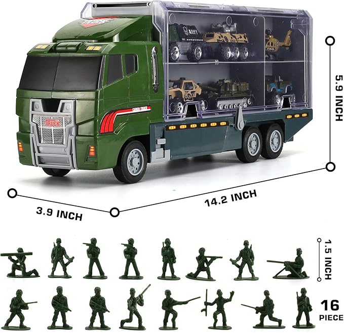 26 Pcs Military Truck with Soldier Men Set(2 in 1), Mini Die-cast Battle Car in Carrier Truck, Army Toy Double Side Transport Vehicle for Kid Child Girl Boy Play Birthday Party Favors