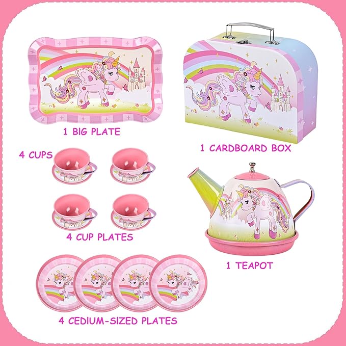 Unicorn Tea Party Set for Little Girls Ages 3-6, 15-Piece Pretend Play Kitchen Toys with Teapot, Cups, Plates & Storage Case, Princess Gift Set