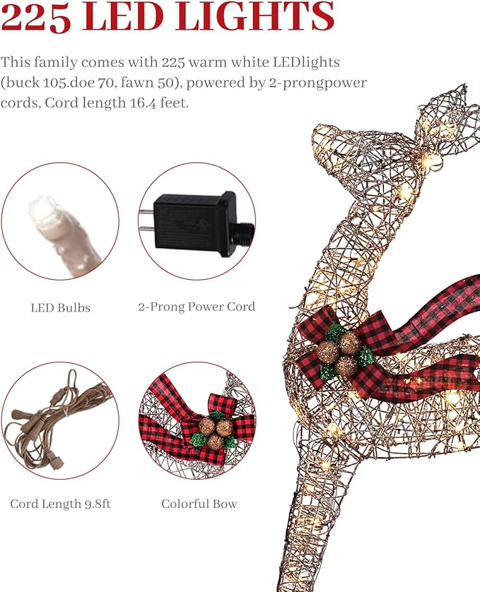 3-Piece 3D Christmas Deer Family Set, Lighted Christmas Decoration with 225 LED Lights, Christmas Decor Reindeer for Indoor Outdoor Yard Porch, Rattan