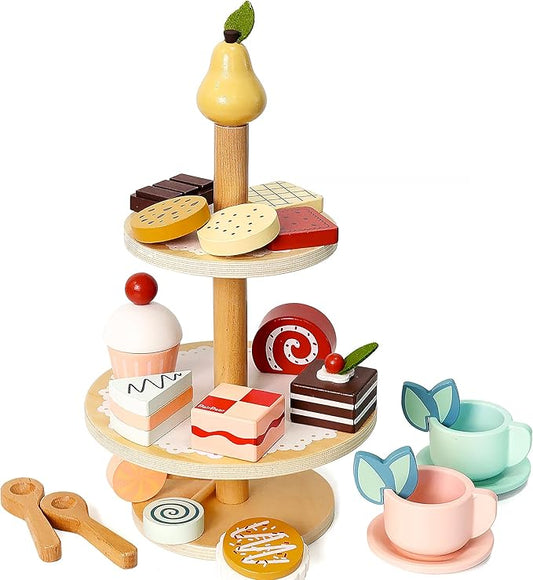 PairPear Tea Party Set Dessert Stand Playset -Wooden Toys Pretend Play Food Kitchen Accessories for Toddler Tea Set Birthday Gift