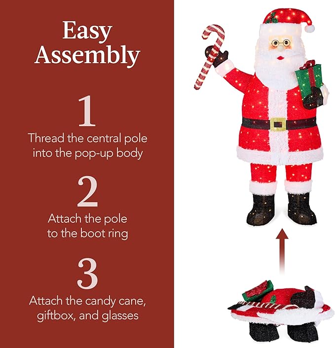 Best Choice Products 3ft Lighted Pop-Up Santa, Outdoor Christmas Holiday Decoration w/ 120 LED Lights, Twinkling Candy Cane, Gift Box, Hat