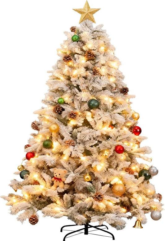 7ft Pre-lit Christmas Tree with Double-Sided Five-Fork PE & PVC Needles, Dense Realistic Pine Design, Easy Assembly Holiday Decoration Tree