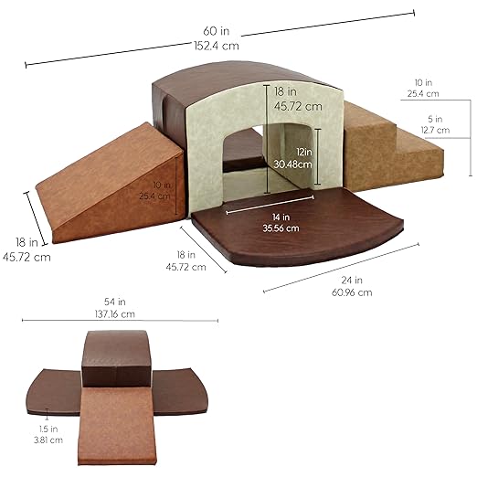 FDP SoftScape Rustic Playtime Grow-n-Learn Tunnel Climber Plus Pads for Toddlers and Kids; Soft Foam Indoor Active Playset for Crawling and Sliding at Home, Daycare (3-Piece) - Distressed Assorted