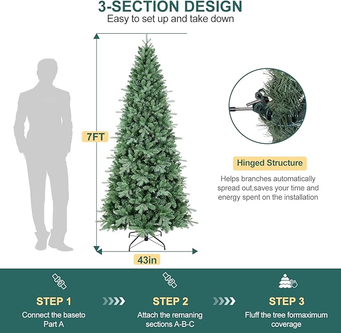 7 FT Artificial Skinny Christmas Tree,Unlit Blue Spruce Slim Pencil Xmas Tree with 1552 PE&PVC Mixed Branch Tips,Hinged Pine Tree with Metal Stand for Home Office Décor
