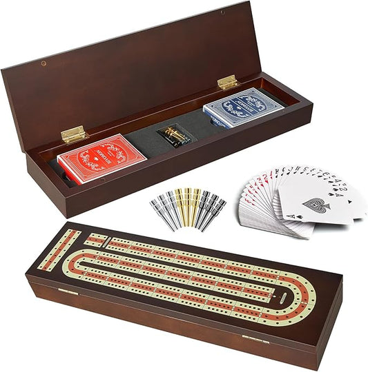 Cribbage Board Game Set Continuous 3 Track Wooden Board with Magnetic Lock, 9 Metal Pegs, 2 Playing Cards, Large Storage Area, Travel Portable Travel Cribbage Boards for Adult Child